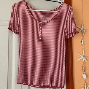 Arizona Women’s Pink White Striped Button Lettuce Short Sleeve Tee Size Small